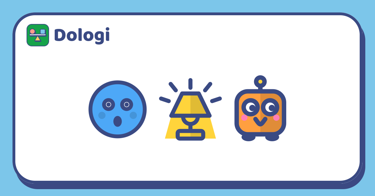 Wajah terkejut, lampu yang menyala, dan maskot Dologi.