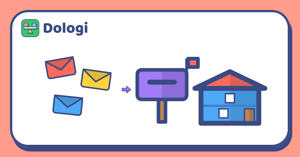 Três envelopes, um vermelho, um amarelo e um azul, à esquerda, uma seta apontando para uma caixa de correio roxa sobre um poste no centro e, à direita, uma casa azul de dois andares com telhado vermelho.