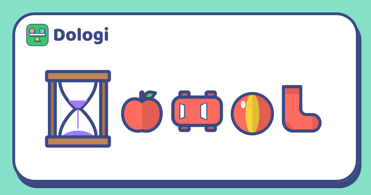 A sand timer on the left, followed by a row of red things that have been found, an apple, a toy car, a ball and a sock.