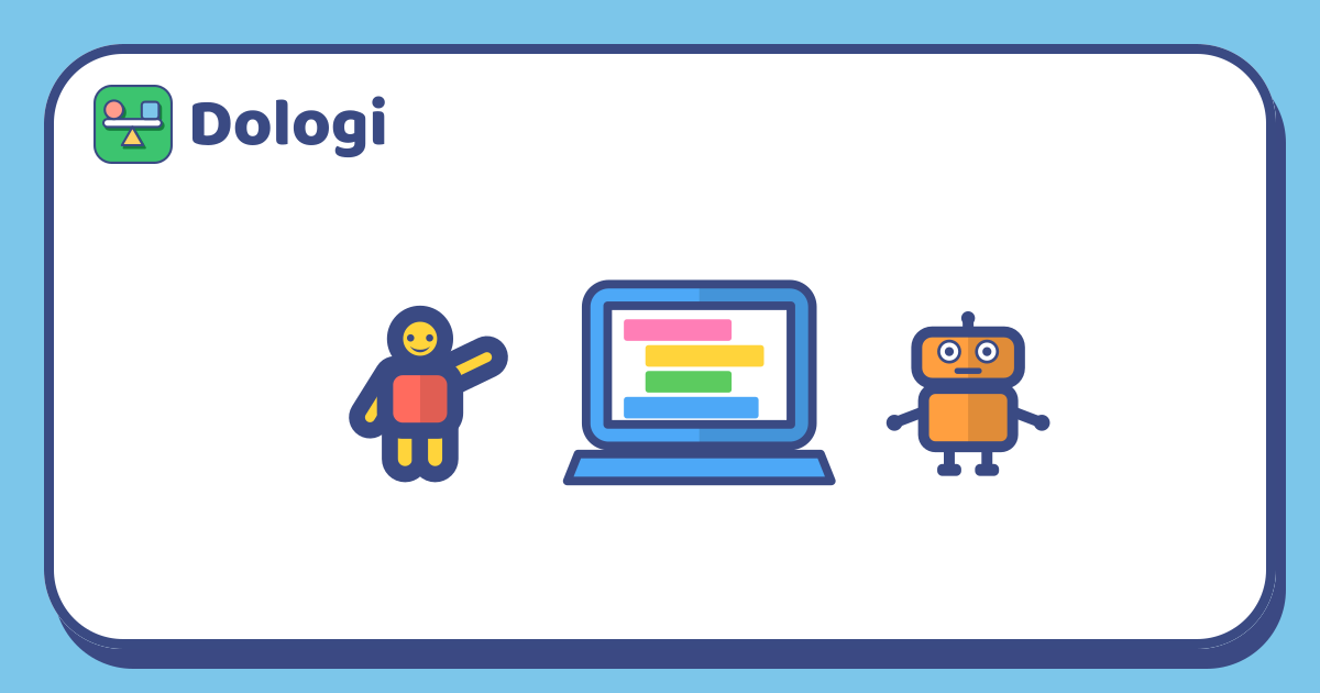 Uma criança apontando para um notebook com blocos de código coloridos empilhados na tela, ao lado de um pequeno robô.