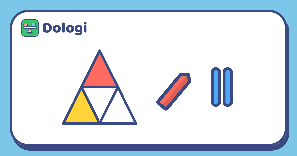 Un grand triangle divisé en quatre petits triangles, dont deux sont coloriés, à côté d'un crayon de couleur rouge et de deux bâtons de comptage.