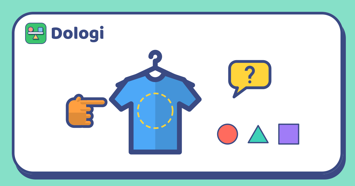 Un tee-shirt bleu sur lequel est tracé un cercle en pointillés, une main qui le montre d'un doigt depuis la gauche et, à droite, une bulle avec un point d'interrogation au-dessus d'un rond, d'un triangle et d'un carré.