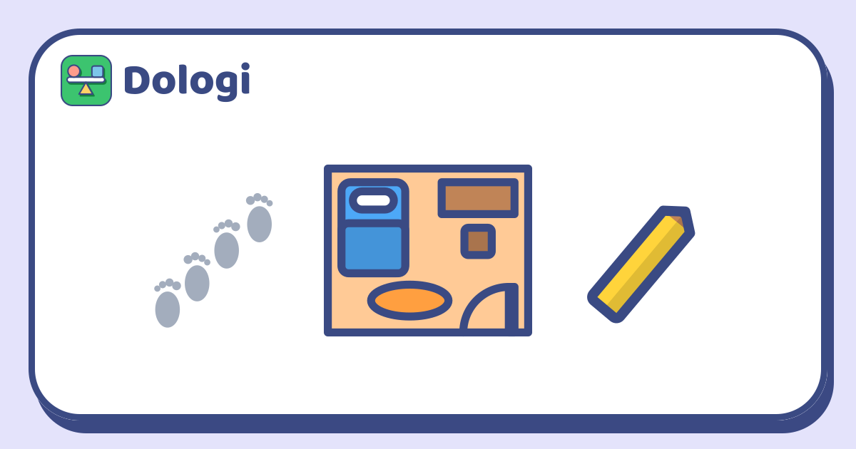 Footprints on the left, a floor plan of a room seen from above in the middle with a bed, a desk and chair, a rug and a door, and a yellow pencil on the right.