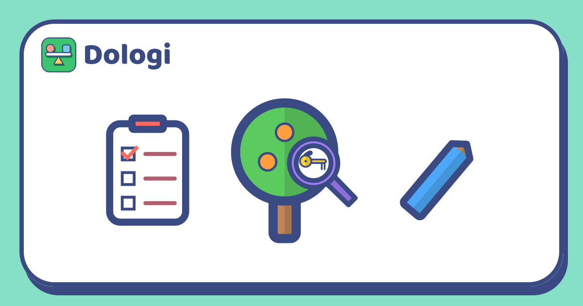 A checklist with one item ticked on the left, a tree with a magnifying glass showing a small key hidden among its leaves in the middle, and a blue pencil on the right.