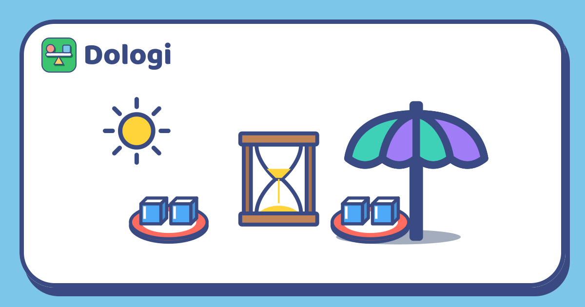 Two identical plates with the same two ice cubes, one plate under the sun and one in the shade of a garden umbrella, with an hourglass between them.