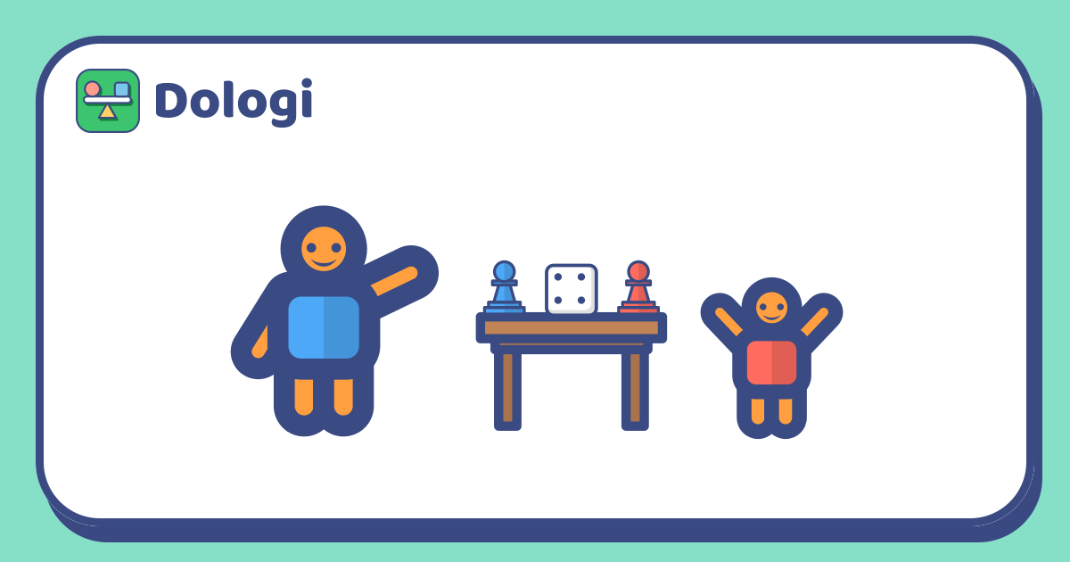 Two stylised children of different heights on either side of a small table with a die and two playing pieces, one blue and one red. The taller child in blue points towards the table and the smaller child in red raises both arms happily.