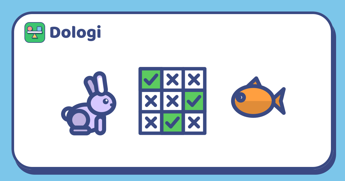 Un lapin lilas à gauche, une grille de trois sur trois au milieu avec une case verte cochée dans chaque ligne et chaque colonne et des croix ailleurs, et un poisson orange à droite.