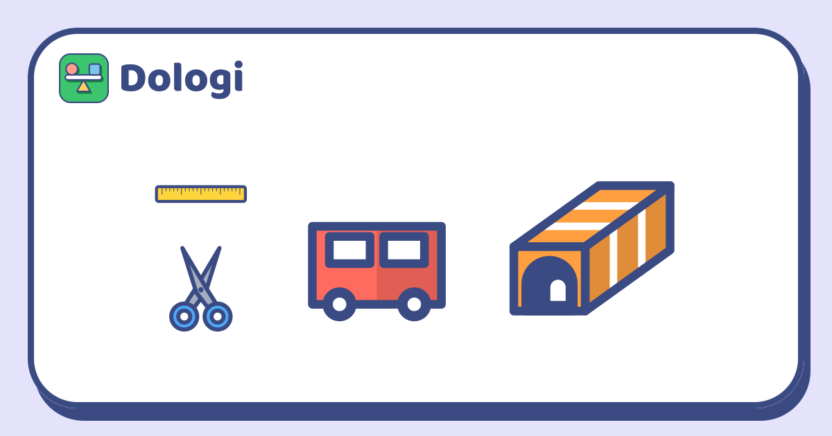Links ein Lineal und eine Schere, in der Mitte ein rot bemalter Karton als Auto mit runden Rädern und zwei Fenstern, rechts ein langer Tunnel aus drei mit Klebeband verbundenen Kartons, vorne mit einer runden Bogenöffnung.