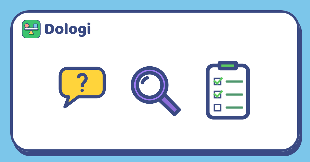 A yellow speech bubble with a question mark on the left, a magnifying glass in the middle, and a checklist with two items ticked on the right.