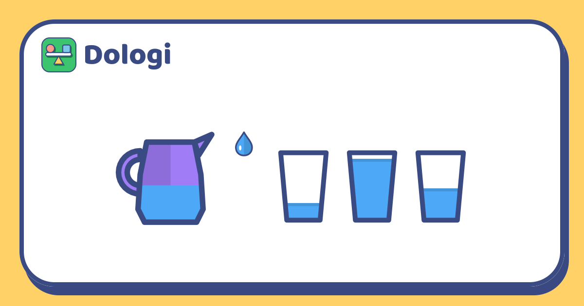 Une carafe violette au bec tourné vers la droite et une goutte d'eau qui tombe vers trois verres identiques : un avec un peu d'eau, un plein et un à moitié plein.