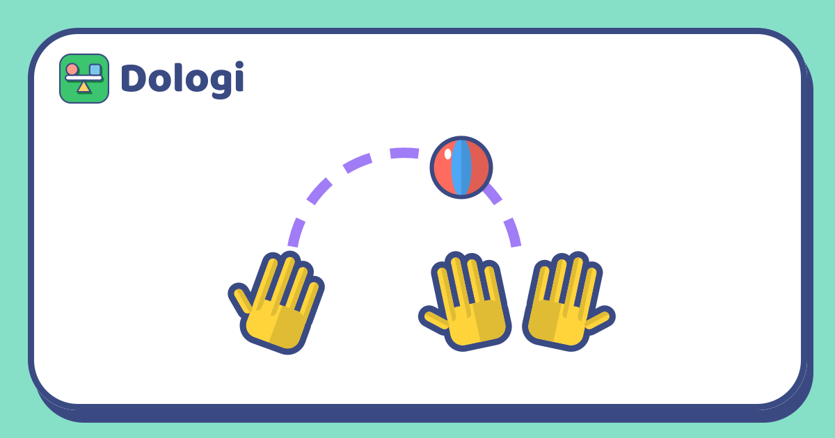 Una mano a la izquierda que acaba de lanzar una pelota roja y azul, la pelota volando por un camino curvo de puntos y dos manos abiertas a la derecha esperando para atraparla.