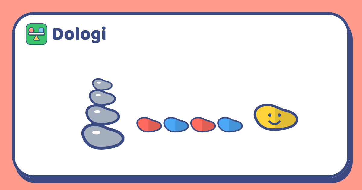 Una torre de cuatro piedras grises apiladas de la más grande a la más pequeña, una fila de piedrecitas pintadas alternando rojo y azul, y una piedra amarilla con una cara sonriente pintada.