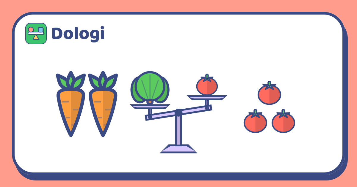 Two orange carrots on the left, a balance scale in the middle tipped down towards a green cabbage with one red tomato on the higher pan, and three red tomatoes in a small stack on the right.
