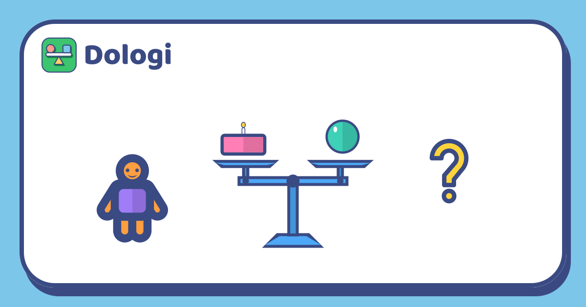Seorang anak di kiri, timbangan yang seimbang di tengah dengan kue di satu piringan dan bola di piringan lainnya, dan tanda tanya kuning di kanan.