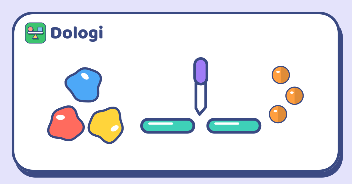 Three lumps of modelling clay in blue, red and yellow on the left, a green clay snake in the middle that a plastic knife has just cut into two equal halves, and three small orange clay balls on the right.