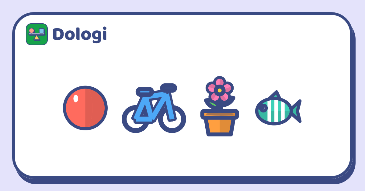 Un ballon, un vélo, un pot de fleur épanouie et un poisson rayé.