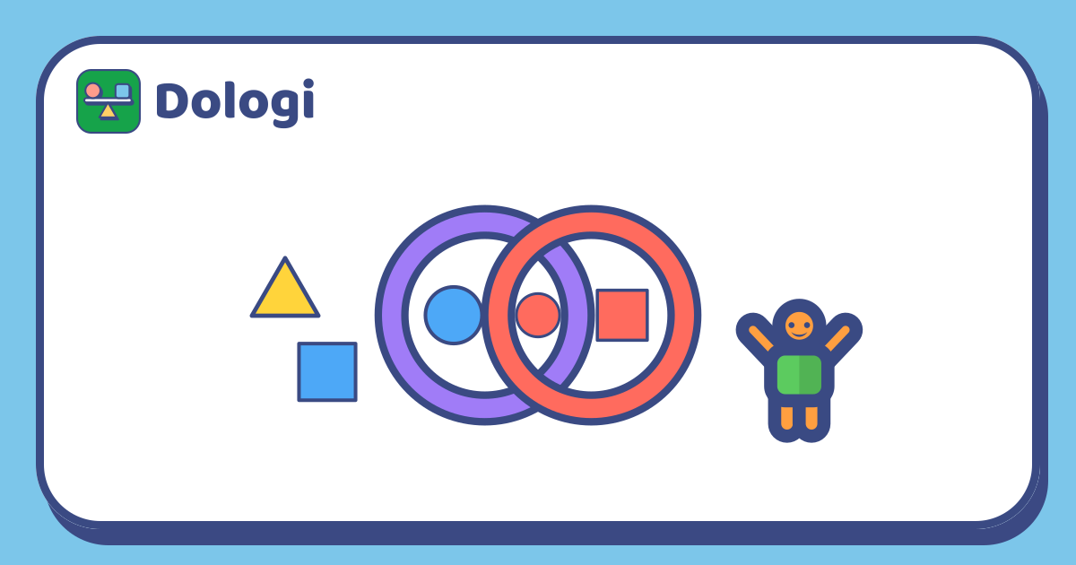 Two overlapping hoops with a blue circle in the left hoop, a red square in the right hoop and a red circle where they overlap, a few unsorted shapes to the left and a cheering child to the right.