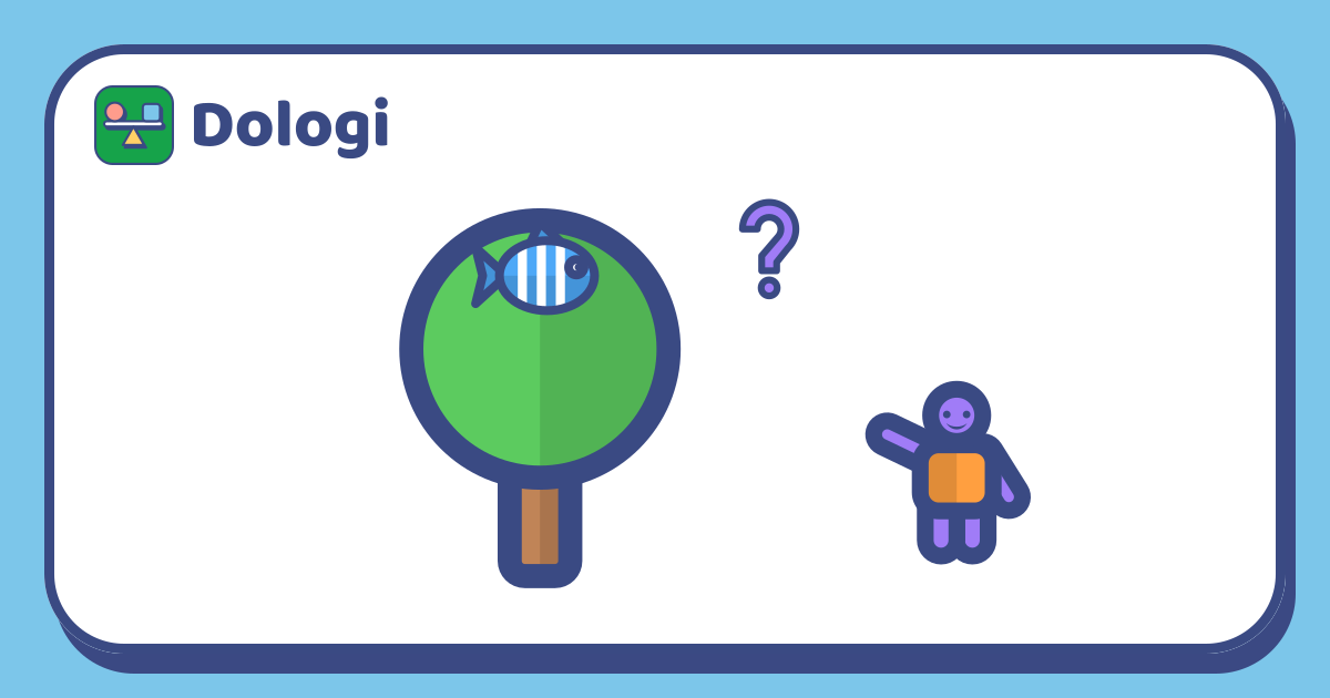 A big tree with a striped fish sitting in its leaves, a question mark beside it, and a child pointing at the fish.