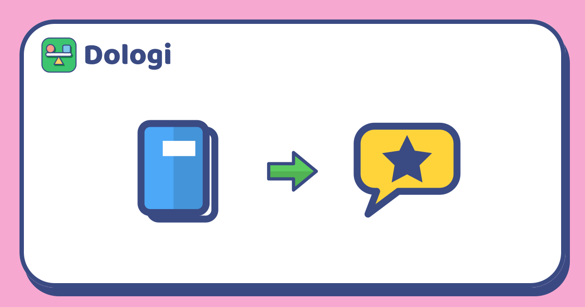 A book on the left, a green arrow pointing right, and a yellow speech bubble with a star inside on the right.