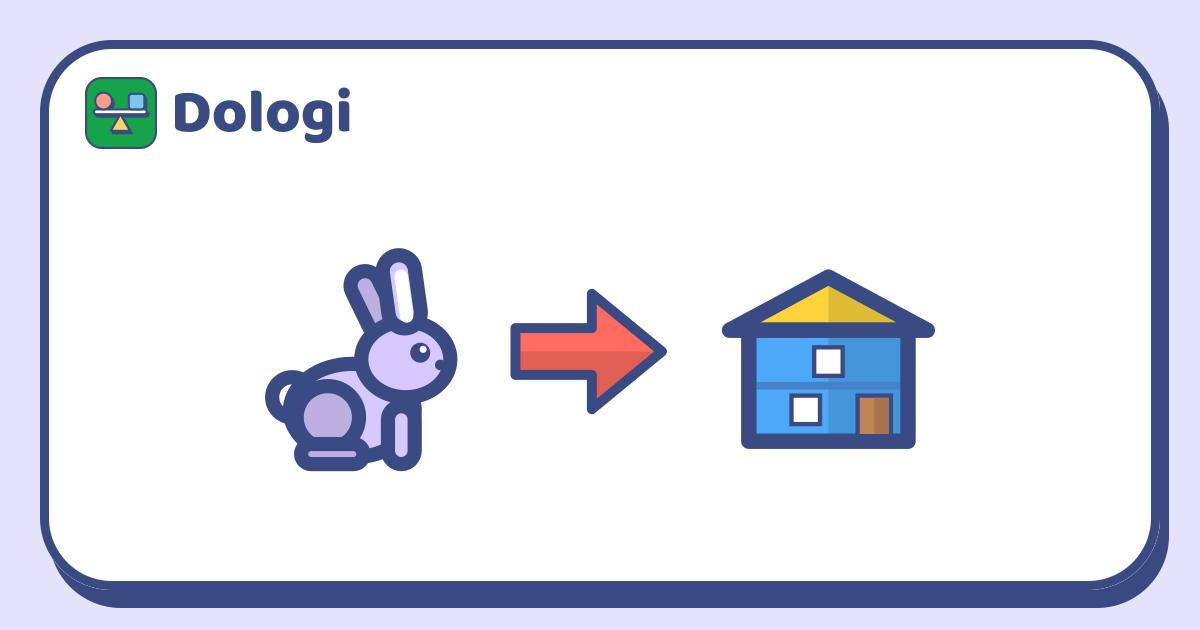A rabbit following an arrow towards a small house.