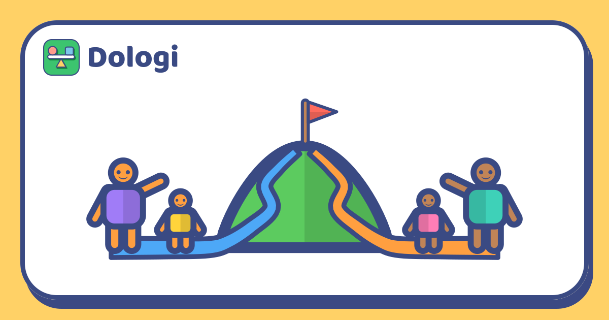 A green hill with a red flag on top. A blue path climbs from the left and an orange path from the right, both ending at the flag. On each path stand an adult pointing up at the flag and a child.